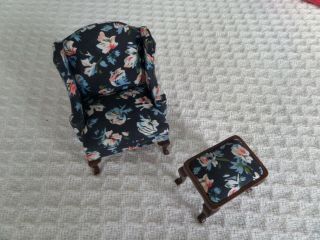 Miniature Doll House Blue Floral Overstuffed Chair And Ottoman Foot Stool