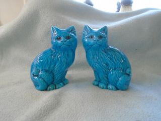 Vintage Chinese Turquoise Blue Glazed Cat Figurines