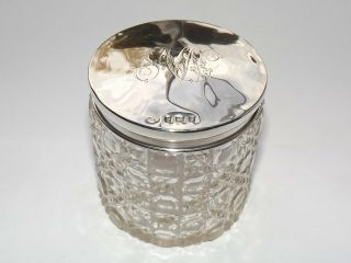 Antique Solid Silver Sterling Top Cut Glass Jar,  Glass Pot,  Birmingham 1909