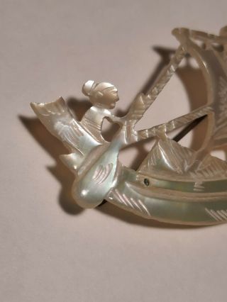 Antique C Clasp Brooch Mother of Pearl Chinese Junk Boat 2. 2