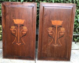 Pair Antique Liberty & Co London Style Art Nouveau Inlaid Marquetry Wooden Panel
