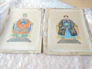 2 Antique Hand - Painted Pictures Of Chinese Figures/dignatories