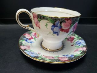 Antique Paragon Cup And Saucer " Sweet Pea " 24 Kt Gold Gilt Blue Pink Flowers