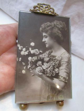 Antique French Gilt Metal Ribbon Bow Glass Little Photo Frame 1900 