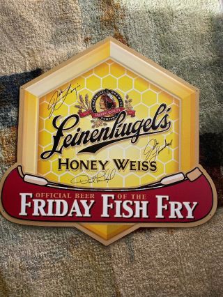 Rare Leinenkugel’s Honey Weiss Friday Fish Fry Tin Bar Beer Sign.  Autographed