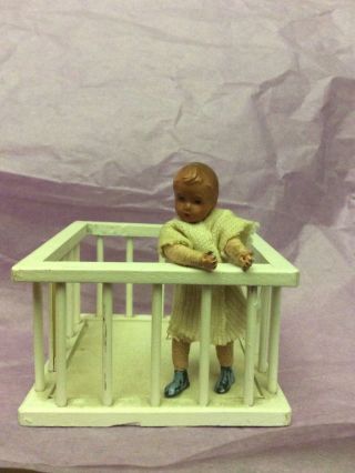 Antique Vtg Hand Made Miniature Doll German Composition Crib Furniture Folk Art