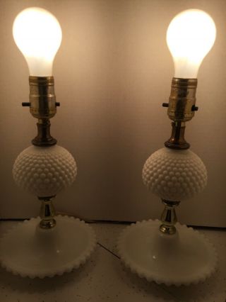 Set Of 2 Vintage Antique White Milk Glass Hobnail Brass Lamps 15 " Tall With Bulb