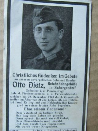 Very Rare Wwii German Death Crd,  Kia By Direct Shell Hit,  Patriotic Military Rev