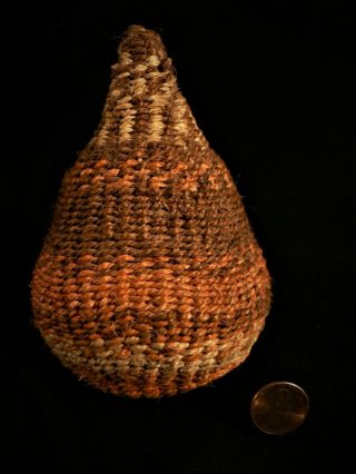 Rare Antique Nez Perce Indian Corn Husk Woven Rattle Basket Metal Bell