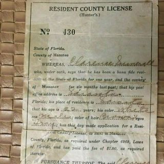 Antique Sarasota,  Manatee,  County Florida Hunting License 1917
