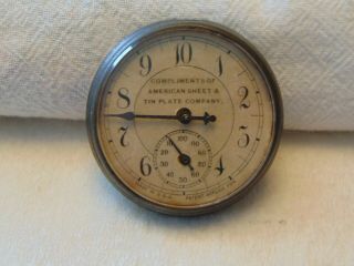Antique Advertising Pocket Watch Pedometer American Sheet Tin Plate Co.  10 Hours