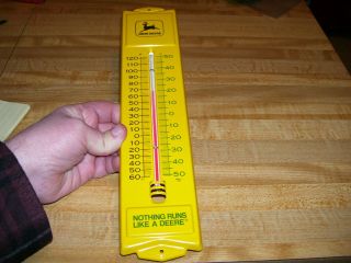 Vintage John Deere Yellow Metal Advertising Thermometer Rare Find