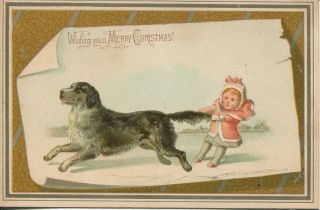 045 Antique Prang Christmas Card - Little Girl And Dog - 1879