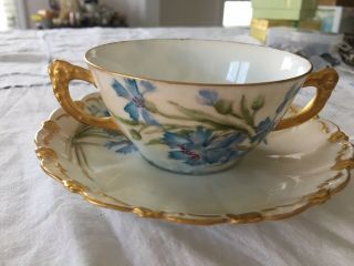 Antique Limoges France Handpainted Cream Soup Cup And Saucer Blue Flowers Gold