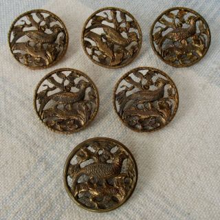 3/4 " Set Of 6 Antique Stamped And Pierced Brass Bird Buttons