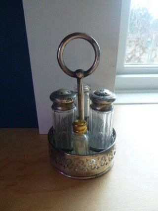 Antique Glass Salt & Pepper Shakers In Sterling Silver & Glass Caddy