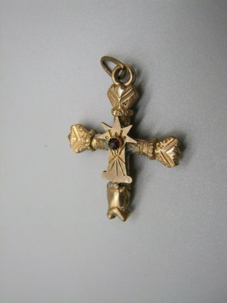 Antique Victorian Rolled Gold 1.  25” Cross Pendant With Garnet