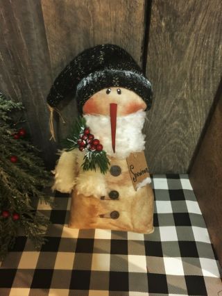 Primitive 11x5in Snowman Black Hat Fabric Handmade Country Old Rusty Doll