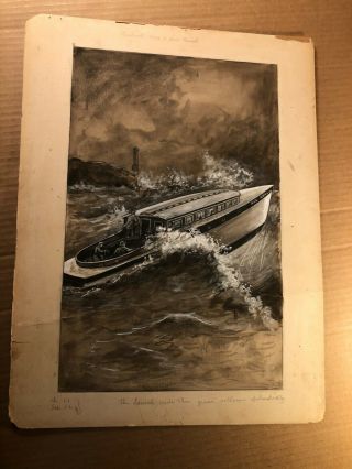 Rare Antique Published Illustration Art Painting Boat On Sea