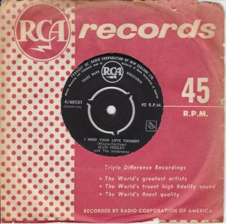 Elvis Presley - I Need Your Love Tonight? - Rare Zealand 7 " 45 Record - 1959