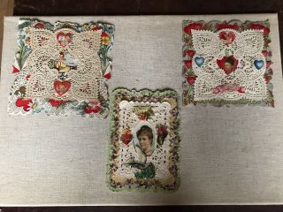 3 Antique Victorian Valentines Day Greeting Cards W/ Die Cut Lace & Stickers
