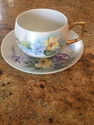 Antique Hand Painted Tea Cup And Saucer With " Sweet Pansies " And A Gold Handle