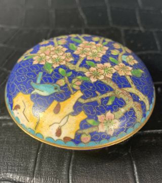 Chinese Antique Cloisonne Enameled Round Covered Box With Bird