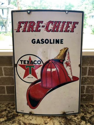 1940 Texaco Fire Chief Pump Plate Gas & Oil Sign 18”x12” Rare
