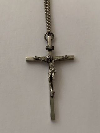 Antique Sterling Silver Christian Cross Pendant/ 26 " Chain.  Crucifix,  Jesus Inri