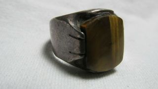 Antique Vintage Mexican Large Sterling Silver & Tiger Eye Ring,  Signed Shr