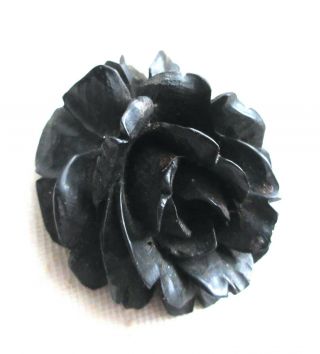 Antique Victorian Deeply Carved Black Ebony Wood Rose Mourning Brooch A.  C.