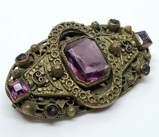 Antique Art Nouveau Brass Faceted Amethyst Glass Gem Floral Filigree Brooch Pin