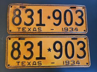 Vintage Rare Antique 1934 Texas License Plate Pair Matched Set 2 Tx Plates Yom