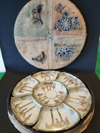 Antique Chinese Or Japanese Porcelain Set Plates With Embroidery Box