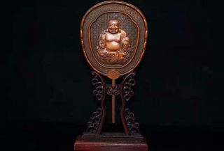 Chinese Natural Boxwood Hand Carved Maitreya Buddha Screen Statue 52104