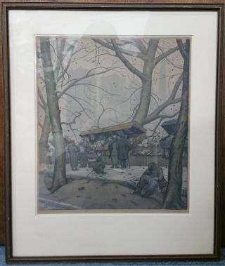 Antique Colored Etching Signed French Winter Street Scene Newspaper Stand