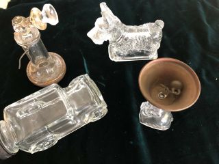 4 Vintage Glass Candy Container Scottie,  Telephone,  Antique Car,  Dog W/ Bell