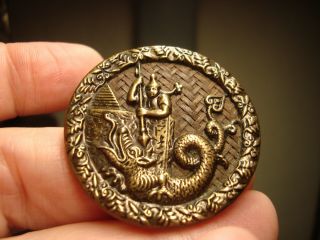 Antique Brass Oriental Man And Dragon Basket Weave Back Large Button