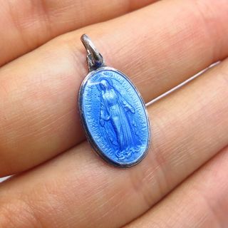 Antique Sterling Silver Blue Enamel St.  Mary Holy Medal Religious Charm Pendant