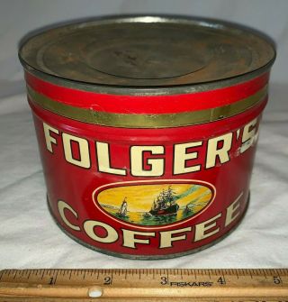 Antique Folgers Coffee Tin Litho 1lb Keywind Can Golden Gate San Francisco Bay