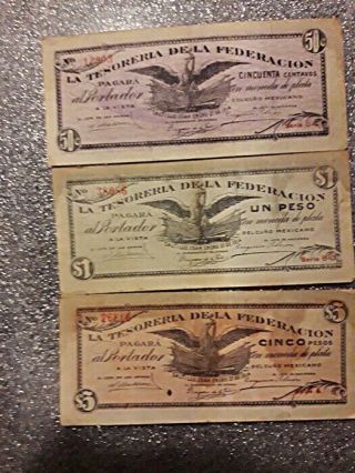 3 Antique Mexican Saltillo Coah. ,  Year 1914,  50 Cents,  1 & 5 Pesos Bank Notes