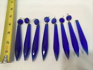 8 Vintage Antique Cobalt Blue Glass Prisms Crystals For Chandelier 4 1/2”