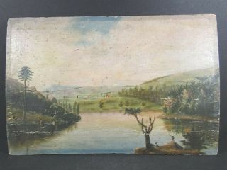 1800’s Antique Sgd Ca Swett Oil Painting On Wood Board Man Fishing Lake Scene