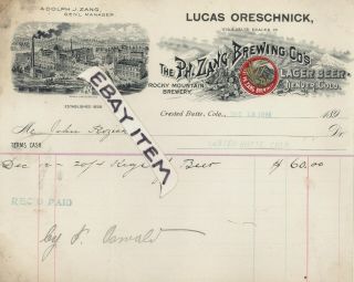 1898 Rare Lucas Oreschnick Crested Butte Colorado Ph.  Zang Brewing Co.  Denver