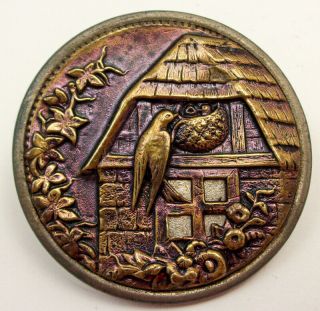 Large Antique Metal Button W Birds Purple Tinted Barn Swallow At Her Nest 1 1/2 "