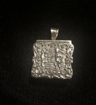 Vintage Sterling Silver Stamp Box Pendant With Repoussé Cupid