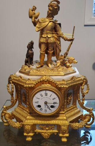 Rare Antique French Gilt & Marble Mantle Clock (for Repair) Rousseau - Delestre