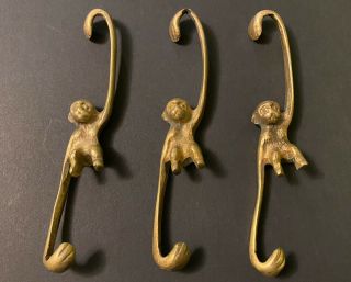 Vintage Brass Hanging Monkey Hooks Hangers Mid Century Hardware Set Of 3