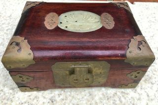Vintage Chinese Rosewood Jewelry Box With Jade And Brass