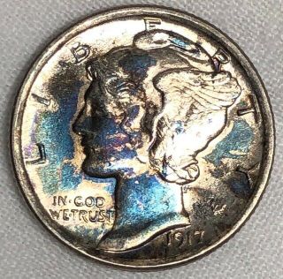 1917 D Silver Mercury Dime 10c Toned & Lustrous Gem Bu Rare Semi Key Date